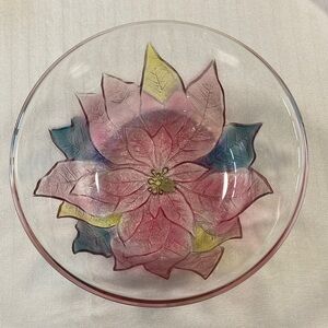 VTG Aderia Glass Bowl Lrg 10 3/4" x 4" Poinsettias Christmas Holiday JAPAN MADE